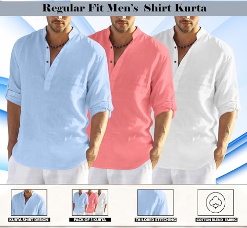 Image of Zombom Combo of Men's Solid Cotton Polyester Blend Full Sleeve Mandarin /Chinese Collor Straight Kurta Shirt (Pack of 3)