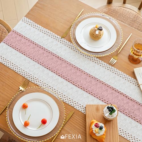 Image of FEXIA Boho Table Runner Summer Home Decor with Tassels 72 Inches Long Pink Farmhouse Rustic Table Runner Burlap Centerpieces for Tables Decoration for Living Room (12x72 Inches)