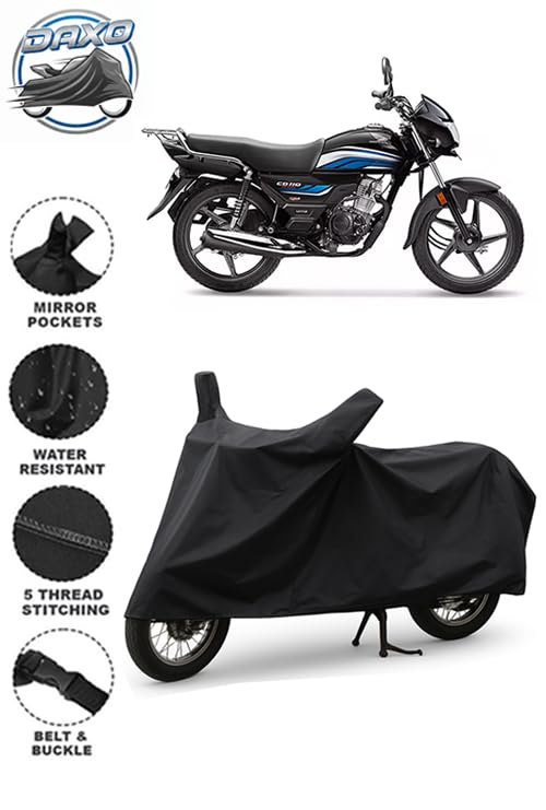 Image of Daxo Waterproof Bike Cover for Honda CD 110 | All Weather Protection from Rain, Dust, UV Rays & Scratches with Mirror Pockets & Buckle Belt | CD 110 Bike Cover