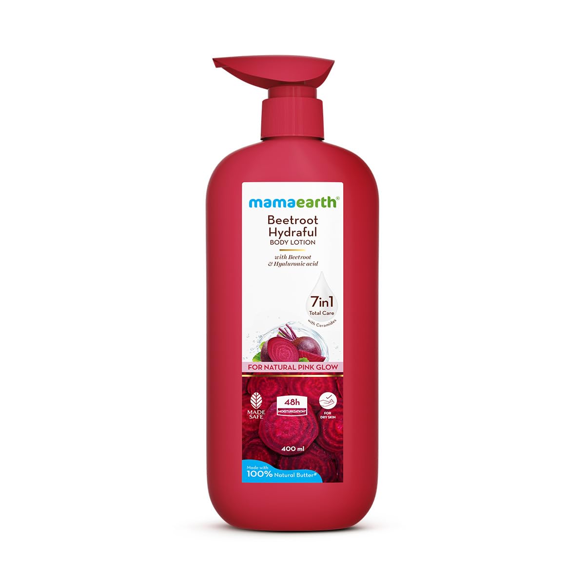 Mamaearth Beetroot Hydraful Body Lotion with Beetroot & Hyaluronic Acid & for Natural Pink Glow - 400 ml Beetroot + Hyaluronic Acid for Deep Hydration | 48 hrs* Moisturization & Barrier Repair | Alcohol & Petrolatum free | Made Safe Approved-image-2