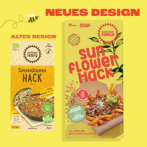 sunflowerFamily sunflowerHACK SonnenblumenHACK PUR (76g) Veganes Hack aus 100% Sonnenblumenkernen, Fleischalternative Fleischersatz Sojaalternative – Vegetarisch, Vegan, Glutenfrei, Proteinreich, Bio