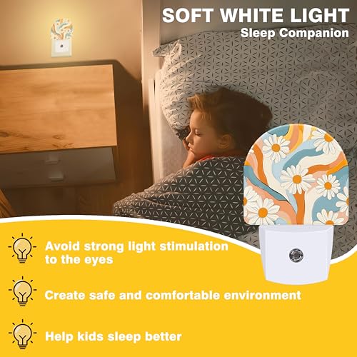 Image of Night Light, Retro Groovy Flower Night Lights Plug into Wall Dusk to Dawn Sensor Round Nightlight for Women Men Energy Efficient Led Lamp 0.5W for Stairway Hallway Bedroom