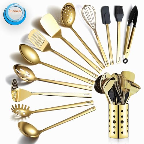 Gold Kochutensilien Set, Berglander Edelstahl 13 Stück Küchenutensilien Set mit Titan Vergoldung, Küchengeräte Set mit Utensilienhalter, spülmaschinenfest, leicht zu reinigen