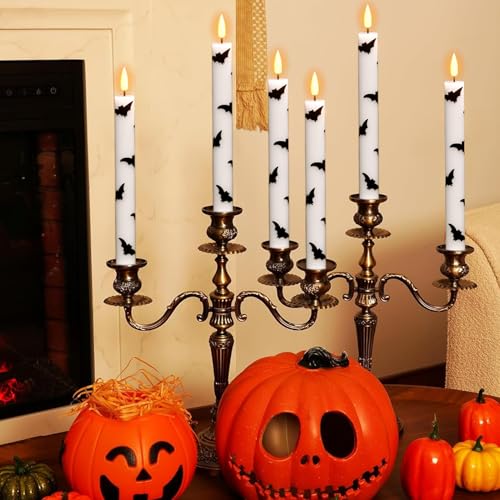 Image of Halloween Flameless Taper Candles Battery Operated with Remote and Timer, Real Wax 3D Wick Flickering LED Taper Candle Bats Decals Dinner Table Halloween Decor(4 Pack, 0.78 inchD x 9.64 inchH)