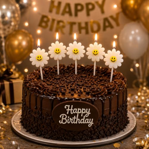 Image of Smiley Flower Birthday Candles for Cake Decoration, Pack of 5, Flower Shape Decorative Cake Candles, Natural Wax Party Candles for Birthday, Anniversary, Baby Shower & Celebration (White)