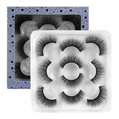 Pawotence Natural False Eyelashes 16mm Full Faux Mink Lashes Pack 5 Pairs Soft Lightweight Reusable Handmade Makeup Fake Eyelashes Pack