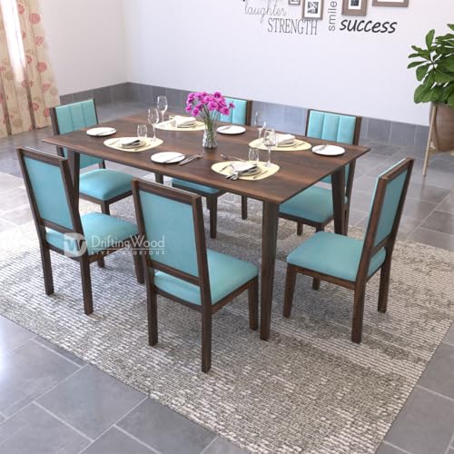 Image of DRIFTINGWOOD Atlantis Solid Sheesham Wood Dining Table 6 Seater | Wooden Six Seater Dinning Table with Cushion Chairs | Dinner Table 6 Seater | Dining Room Sets | Self Assembly, Walnut Finish