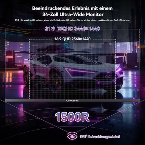 CronusPro 34 Zoll Ultrawide 240Hz Curved Gaming Monitor, UWQHD (3440 x 1440) 1ms MPRT, AMD FreeSync, 21:9, 4000:1, 127% sRGB, 1500R, HDR10, HDMI2.1/DP1.4, VESA Mount 100x100mm, PC Bildschirm Schwarz 3