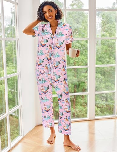 Image of Ekouaer 2 Piece Satin Short Sleeve Pajamas Set Button Down Sleepwear | Soft Pjs Set Classic Loungewear for Wedding, Party, Home, Daily Wear, Date Nights