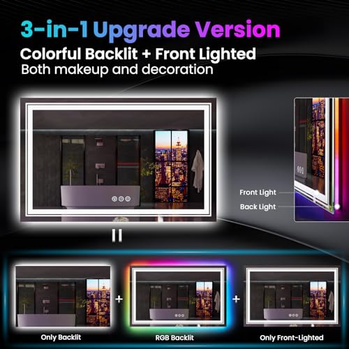 LED Mirror for Bathroom, 72"X36" with 8 RGB Backlit +3 Front Lit (Adjustable Individually), Anti-Fog, Large Lighted Bathroom Vanity Mirror for Wall,Shatterproof,Memory Function,Tempered Glass