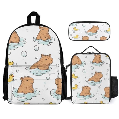 Capybara Rubber Ducks Backpack 3 Set with Lunch Bag Insulated Shoulder Meal Tote Bags Pencil Case Box Casual Daypack