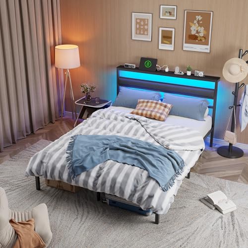 Image of Ourpic Queen Bed Frame with Led Lights and Charging Station, Bed Queen Size Frame with Headboard and Under Bed Storage, Black Metal Platform Bedframe and Storage Shelf, Easy Install
