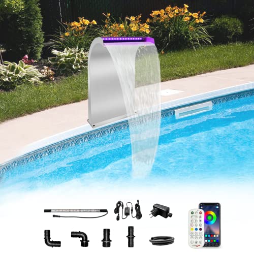 Longrun Waterfall Spillway Stainless Steel S-Shaped Pool Fountain, RF & APP Controlled Colorful LED Light Pond Waterfalls for Indoor Outdoor Garden Koi Pond Swimming Pools-51cm Height
