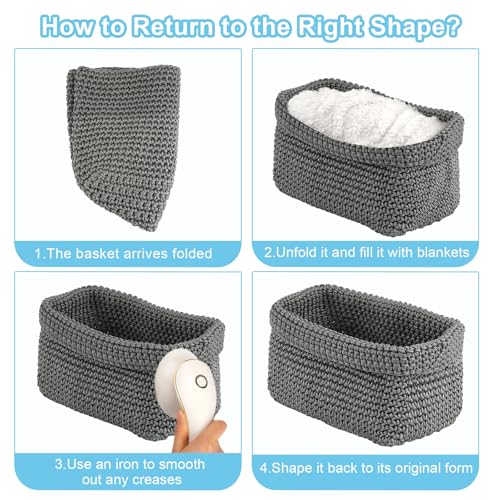 Neerow Aufbewahrungskorb Grau, Handgewebter Häkelkorb aus Baumwollseil, Stylischer Strickkorb für Deko, Bad Körbchen, Handtuchkorb für Handtücher, Kosmetik, Spielzeug und Bücher (21 × 13 × 15,5 cm)