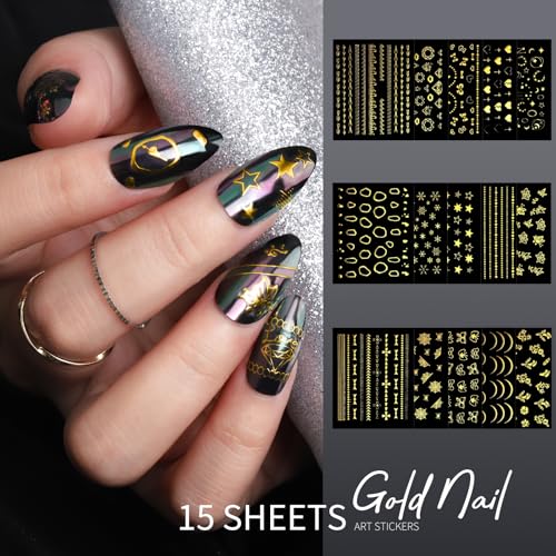Teenitor Nail Charms Nail Art Kit with 15 Sheets Gold Nail Stickers, 6 Boxes of Nail Gems Nail Art Tools Nail Rhinestones for Nails, Nail Supplies 3D Nail Charms and Gems Nail Decals Nail Pearls - Image 8