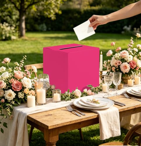 Image of SietDESEO Hot Pink Card Box for Graduation Large Gift Card Box Holder 9.8 inch x 9.8 inch Money Cards Box Diy Card Box for Wedding Reception Baby Shower Birthday Cards Box Holder