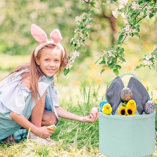 Image of Easter Basket Seersucker Egg Hunt Bunny Baskets for Kids with Cute Rabbit Ears Stripe Storage Gifts Candies Personalized Easter Party Gifts.
