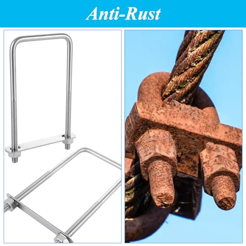 Image of QTLCOHD 6Pcs Square U Bolts 3 /8 inchx3 inchx7 inch Stainless Steel U-Bolts with Nuts and Frame Plates Square U Clamp for Boat Trailer Tube