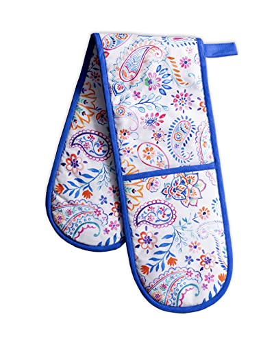Maison d' Hermine Double Oven Mitts 100% Cotton 18 cm x 89 cm Double Oven Mitt Heat Resistant BBQ Cooking Gloves with Loop Baking Grilling Handling Hot Pans Gifts for Mothers Day (Indian Floral)