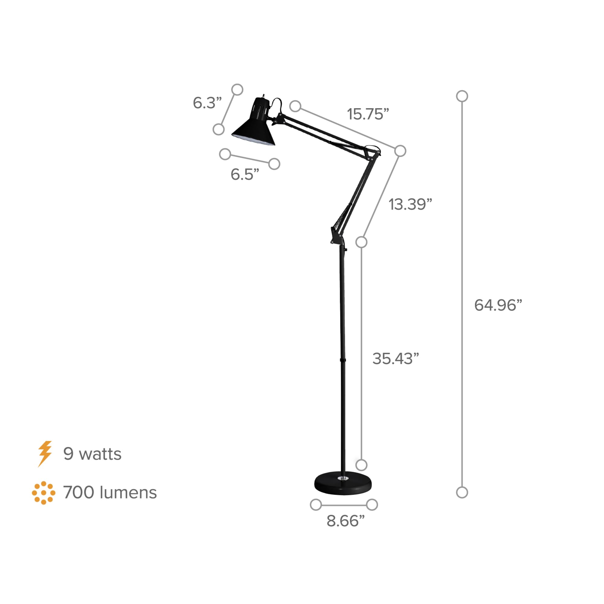 Office VLF100F - Lámpara de pie de metal con brazo oscilante, 72 pulgadas de alto con ajuste de juntas múltiples, incluye bombilla LED reemplazable (VLF), color negro 4