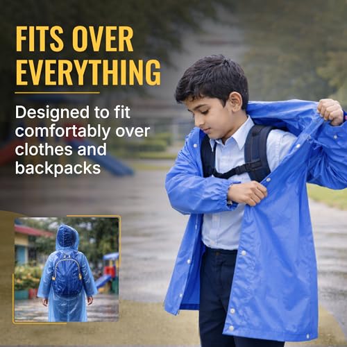 Image of Robustt Kids Eva Raincoat for Boys & Girls (8-16 Years) with Full Sleeves with Elastic Cuff | Unisex Hooded Kids Rain Coat with Drawstring | Reusable Raincoat with Snap Button Closure | Knee Length
