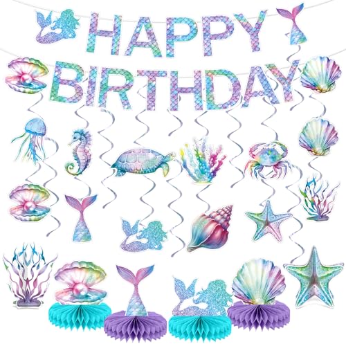 Mermaid Birthday Decorations Mermaid Party Honeycomb Centerpieces Hanging Swirls Happy Birthday Banner Kit Ocean Mermaids Cutouts for Kids Under The Sea Baby Shower Party Supplies