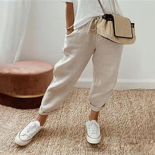 Women's Cotton Linen Straight Leg Pants Casual Drawstring Elastic Waisted Plain Cropped Pants with Pockets2