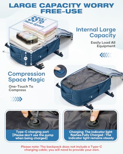 Image of suradar Vacuum Backpack Travel with Pump,Travel Backpack with One Button Vacuum System Vacpack Sealed Compression Airbag Carry on Flight Approved Laptop Backpack Space Saver Bags Blue