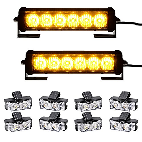 Combo 2pcs 6-LED Warning Construction Strobe Light Bar w/Brackets + 8pcs 2-LED Flashing Lamp Car Truck SUV Boat (Amber)