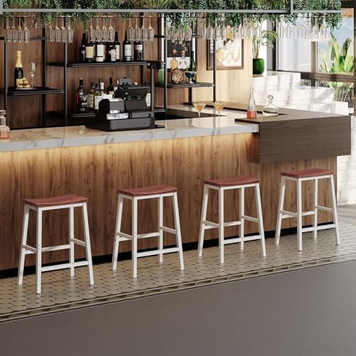 Image of STUDIO AXIS Wooden Bar Stool Set of 2 for Kitchen Counter | Wooden Seat with White Frame High Stool | Counter Height Bar Chairs for Kitchen Island, Home Bar & Cafe