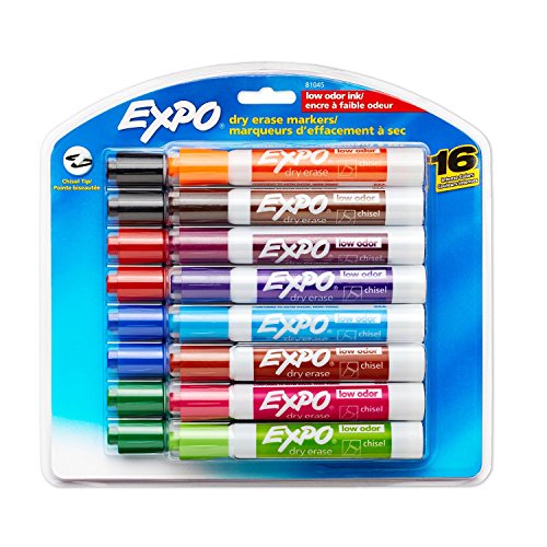 Expo 81045 Low-Odor Dry Erase Markers, Chisel Tip, Assorted Colors, 2 Blister Packs with 16 Markers, Total of 32 Markers