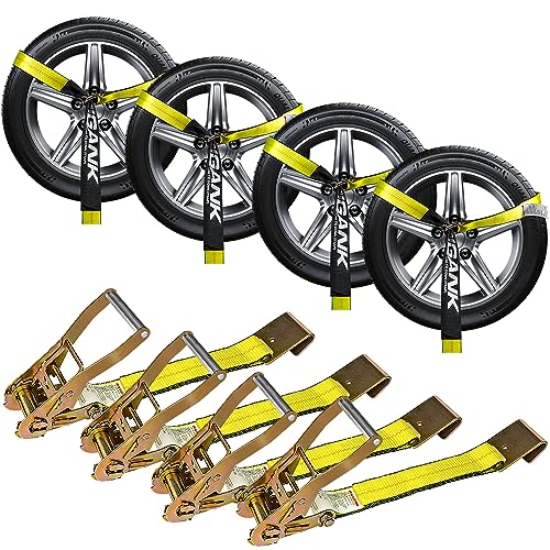 Car Tie Down Straps for Trailers (4PK) Flat Hooks Lasso Style and 2'' X 96'' Tie Down Webbing Easily Secure Tire Tie-Downs for Any Car, SUV, Jeep or S