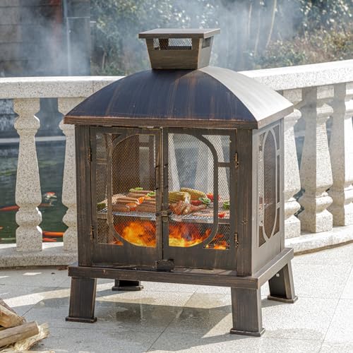 45" H×31''W Metal Chiminea Fire Pit with Grill, Wood Burning Fire Pits for Outside,Square Chimineas Fireplace with Mesh Spark Screen Door& Fire Poker for Garden,Yard,BBQ,Bonfire (Black&Gold)