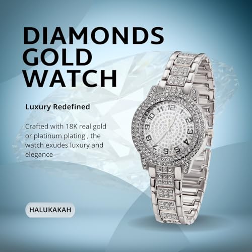 Image of Halukakah Diamonds Watch Iced Out for Boy Teens Kids - 18K Real Gold /Platinum Plated,Arabic Numerals Round Dial,Japanese Quartz - 7.7 inch Length - Optional with Cuban Link Chain - for Birthday,Parties