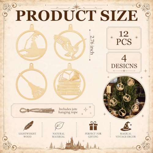 Image of Soulchen 12 Pcs Magical Wizard Party Decor Wizard Magic Lover Hollow Out Hanging Onaments Wooden Vintage Magic Hat Book Castle Broom Hanging Sign for Farmhouse Home Decoration