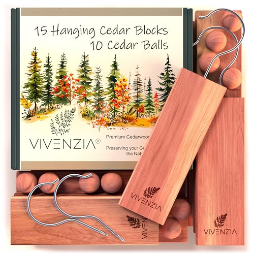 Vivenzia Cedar Blocks for Clothes Storage 25pcs (15 Hang-ups, 10 Balls), Cedar Blocks for Closet, Cedar for Closets, Cedar Planks, Natural Closet Smell Eliminator, Natural Closet Deodorizer