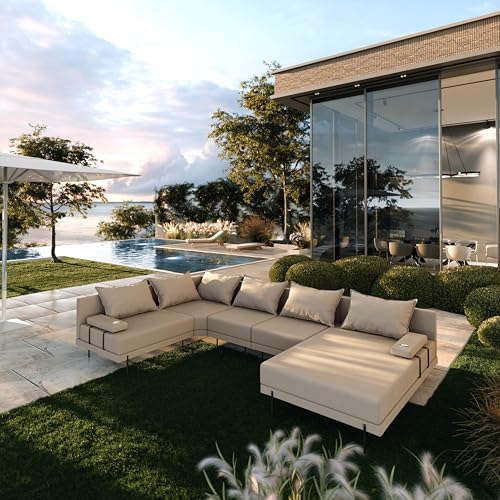 TRADA Salon d'angle de Jardin en Bois Bahama XL 222 x 370 cm en Forme de U (Set 4) (Beige, côté Gauche)