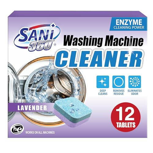 SANI 360° Washing Machine Cleaning tablets, 12 pack is Formulated with Enzyme, Deep Cleans and Deodorizes Front and Top Loading Washers use up to 1-year supply Lavender Scent