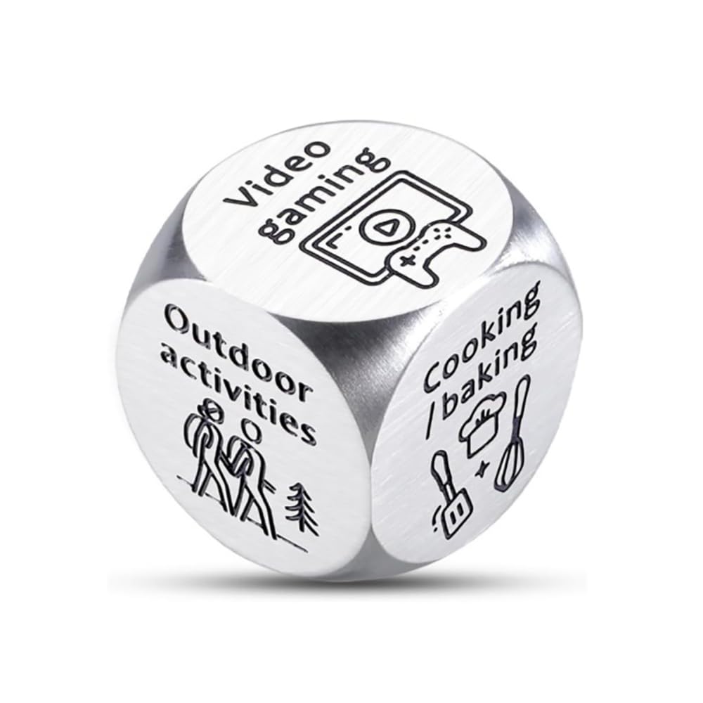 1-Pack Decision Dice .Activity and Food Dice, 0.63 Inch, Aluminium, Silver, for Video Gaming, Outdoor Activities, Cooking, Reading, Traveling, Pets, Pizza, Burger, Chicken, Shopping, Movie Night (1)