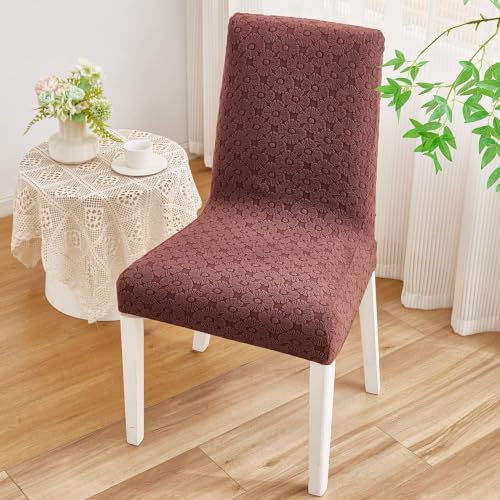 Image of HOMETHREADS Elastic Jacquard Chair Cover Stretch Removable Washable Short Dining Chair Cover Protector Seat Slipcover (D Coffee, Pack of 1)