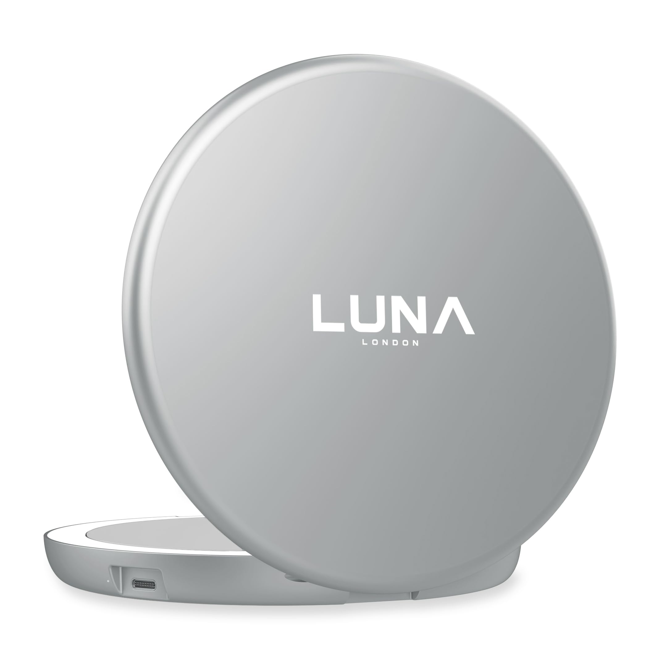LUNA London Compact Travel Mirror | Travel Makeup Mirror with Light | LED Lighted Vanity Mirror with 3 Light Modes | 7X Magnification Folding Portable