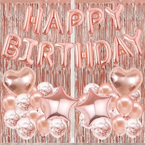 Image of Rozi Decoration Happy Birthday Decoration Items with Rose Gold Foil Curtain Backdrop | Birthday Decoration Items for Husband | Happy Birthday Decoration Items for Wife Pack of 39 Pcs