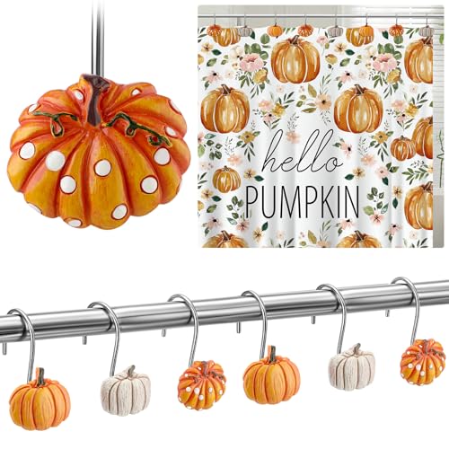 Reallnaive 12 Pcs Pumpkin Shower Curtain Hooks Halloween Thanksgiving Day Fall Shower Curtain Hooks Orange Farmhouse Rustic Rings Hangers for Bathroom Decor(Spot)