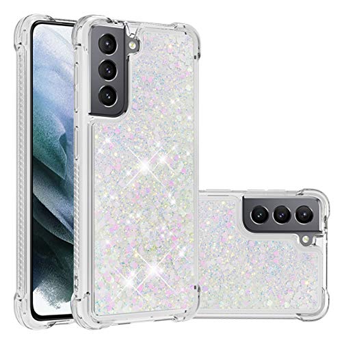 Coque Galaxy S21 5G motif amour paillettes liquides rose argenté idée cadeau femme