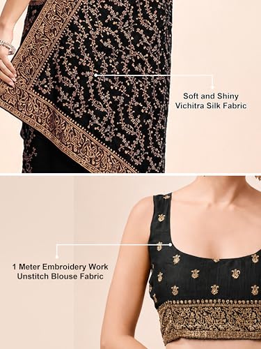 Image of TRENDMALLS Women's Vichitra Silk Heavy Embroidery With Siroski Stone Work Saree with Unstitch Blouse Piece For Women