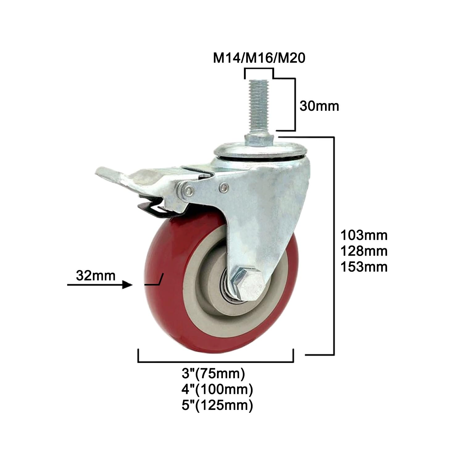 Ruote con Stelo Filettato M14/M16/M20, 75/100/125 mm Ruote Girevoli in PU Industriali, 2 con Freno, 2 senza, Set di 4, Rotelle di Ricambio per Mobili(4inch,M20*30mm)