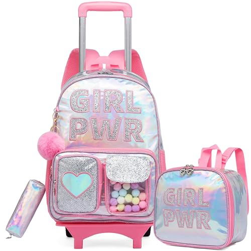 HTgroce Cartable a Roulette Fille Sac a Dos Roulette Fille Sac à Lunch et étui à Crayons Inclus...