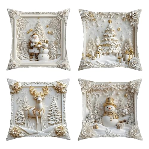 クリスマス スローピロー カバー, 4枚 46cm×46cm 雪の結晶 デコレーション, クリスマス ソファ ピロー カバー, 新年・読書・座り・睡眠・ゲーム・ソファ・椅子・カウチ・床・デスク・ラウンジ・テレビ・旅行用