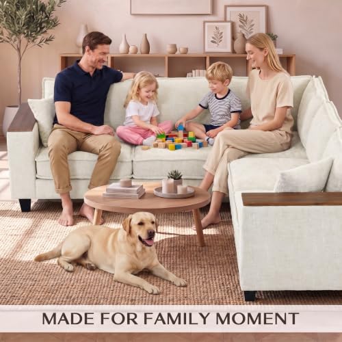 Image of 97 inch 5 Seat V-Shaped Sectional Couch, Modern Comfy Chenille Corner Sofa, Modular Convertible L-Shaped Couch, Convertible Sofa with Storage Armrests & 2 Pillows, Sectional Couches for Living Room, Beige