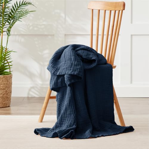 Image of 100% Cotton Muslin Blanket Large 50 inch x 70 inch, 6 Layers Breathable and Lightweight Navy Throw Blanket for Bed and Couch, Soft Quilt Bedspread, Gauze Blanket for Adults All Season, Navy, Dark Blue